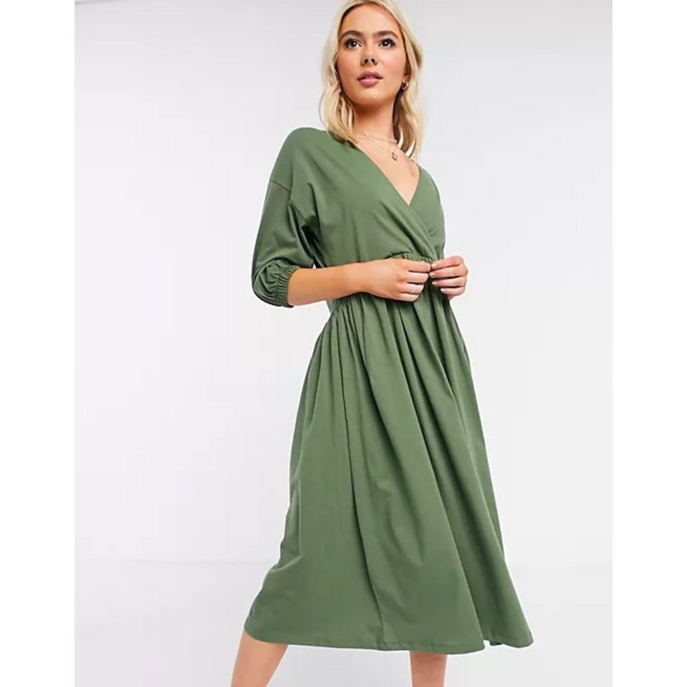 ASOS Midi Smock Wrap Dress in Khaki Green, US 2